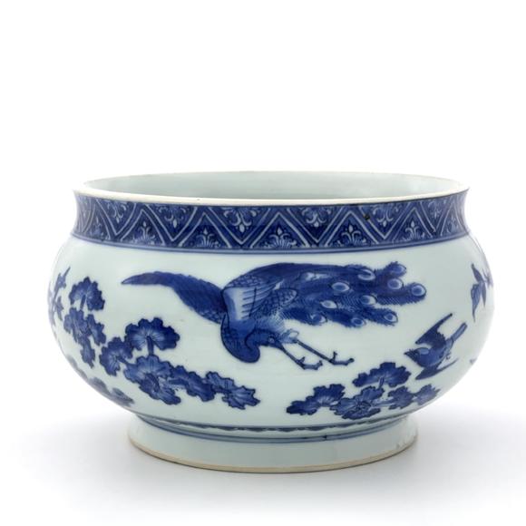 古龍會清初 青花 孔雀図 缸