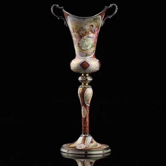 Horizontal Enchère Imperial Viennese Silver & Miniature Painted Enamel Tall Twin-Handled Goblet