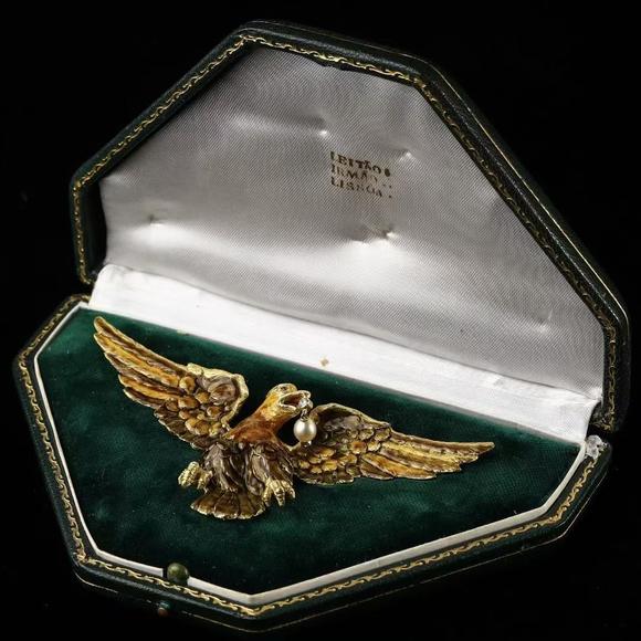 Horizontal Enchère Large Figural Enamel Eagle Brooch, Signed Leit?o & Irm?o, Portugal