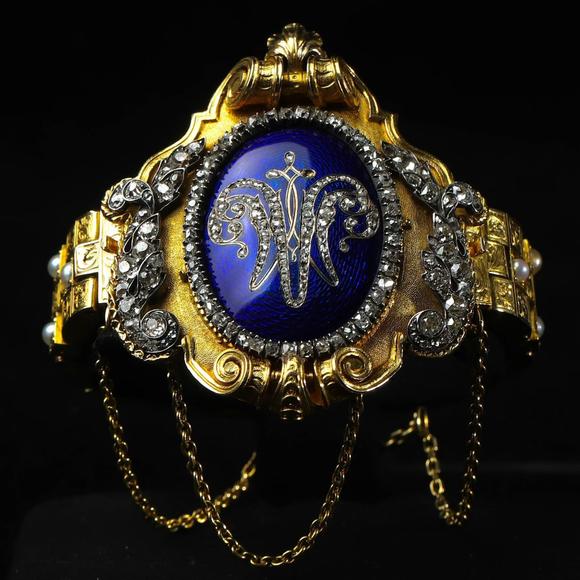 Horizontal Enchère Napoleon III Detachable Guilloché Enamel Diamond Gold Bracelet