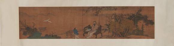 Horizontal Enchère Antique Silk Scroll of Scholar Admiring Bird in Mountain Retreat