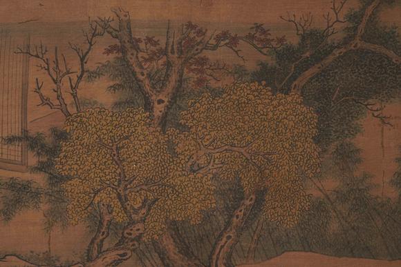 Horizontal Enchère Antique Silk Scroll of Scholar Admiring Bird in Mountain Retreat
