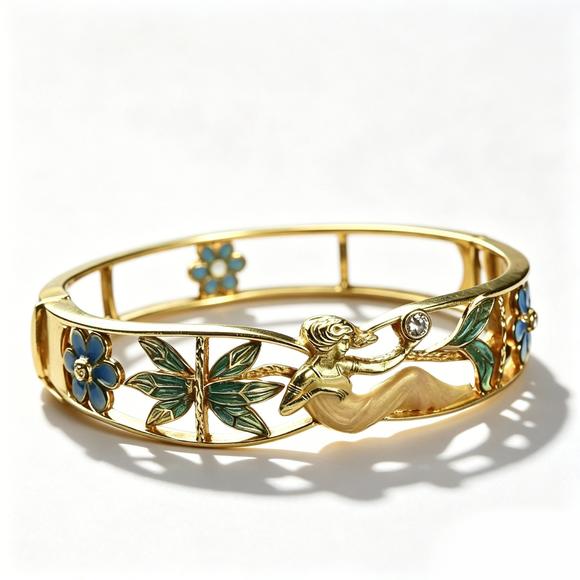 Horizontal Enchère Mascarón Art Nouveau 18K Gold Translucent Enamel Hinged Bangle Bracelet