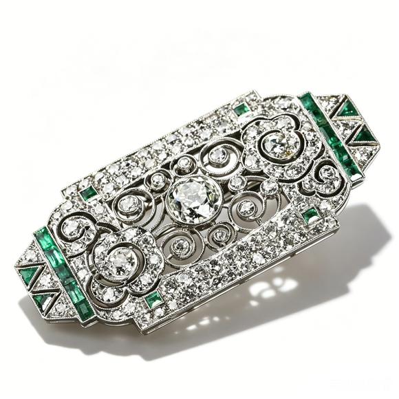 Horizontal Enchère Magnificent Art Deco Platinum Diamond & Emerald Openwork Plaque Brooch