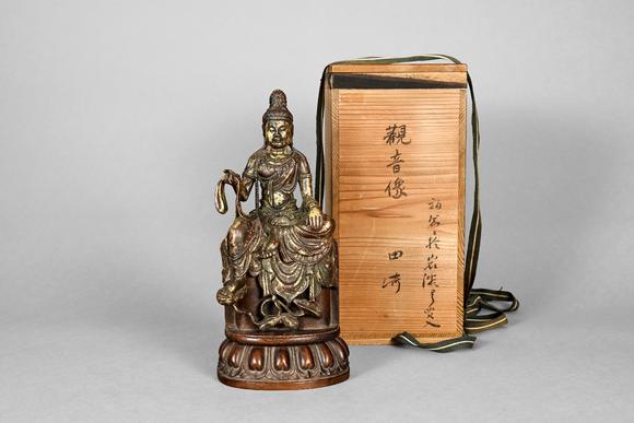 三杉美術(shù)銅泥金跏趺自在觀音菩薩造像（原配蓮座木臺(tái)）