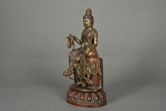三杉美術(shù)銅泥金跏趺自在觀音菩薩造像（原配蓮座木臺(tái)）