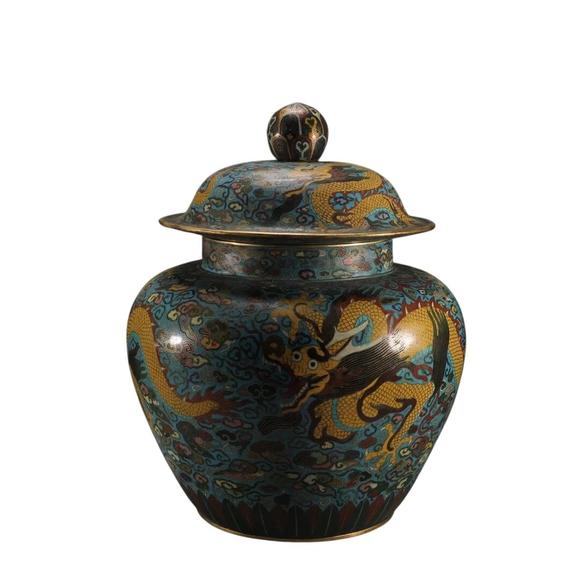 蘭亭古美術(shù)オークション清 銅景泰藍(lán)掐絲琺瑯云龍紋蓋罐 一對