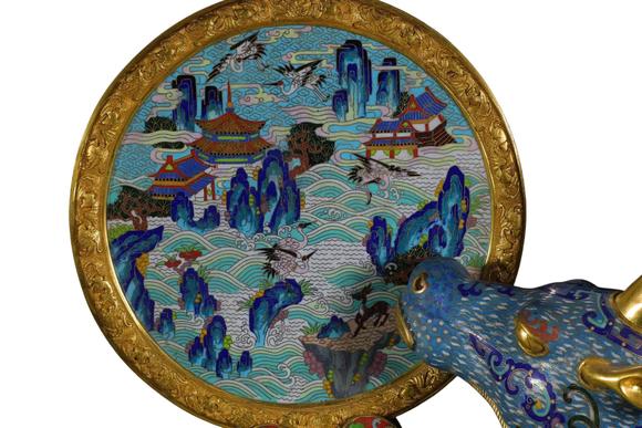 蘭亭古美術(shù)オークション清 銅景泰藍(lán)掐絲琺瑯犀牛望月插屏 一對(duì)
