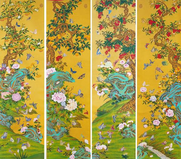 蘭亭古美術(shù)オークション郎世寧 花卉百蝶 四條屏絹本