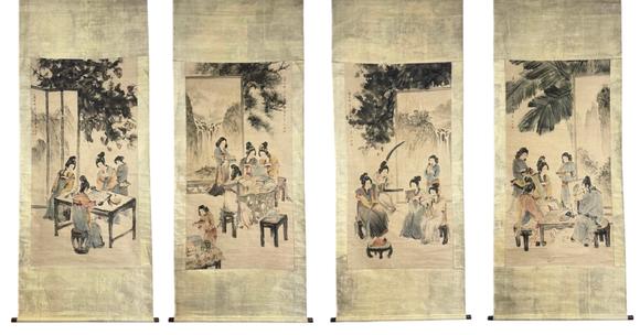 蘭亭古美術(shù)オークション傅抱石 仕女琴棋書畫 四條屏紙本