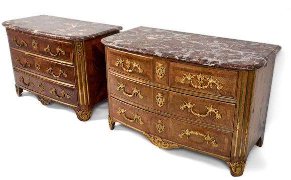 Duke's Auctions Lot 310 A NEAR PAIR OF REGENCE KINGWOOD, ORMOLU MOUNTED AND MARBLE-TOPPED BOWFRONT COMMODES