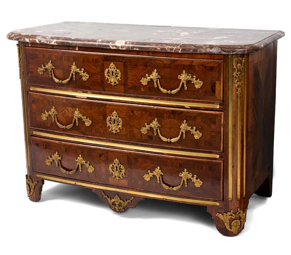 Duke's Auctions Lot 310 A NEAR PAIR OF REGENCE KINGWOOD, ORMOLU MOUNTED AND MARBLE-TOPPED BOWFRONT COMMODES