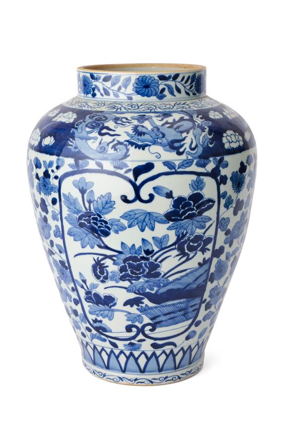 Duke's Auctions Lot 6 A LARGE PAIR OF BLUE AND WHITE PORCELAIN OCTAGONAL BALUSTER VASES