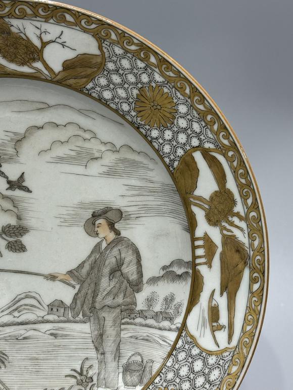 SEAVIEW AUCTIONS PTY LTDA Grisaille and Gilt Export Porcelain Plate Painted with European Fisherman Landscape, China, 18th century