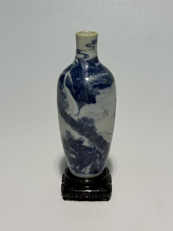 SEAVIEW AUCTIONS PTY LTDA Blue and White Vase Depicting a Literati Riding Donkey, Fitted with Wooden Stand, 18th–19th Century
