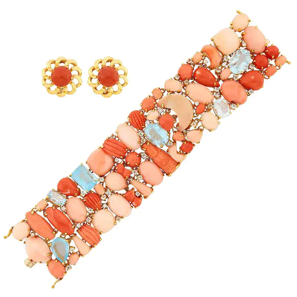 DOYLE Auctioneers & AppraisersWide Gold, Coral, Aquamarine and Diamond Bracelet and Pair of Gold and Coral Earclips