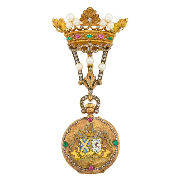 DOYLE Auctioneers & AppraisersAntique Gold, Enamel, Pearl, Diamond and Gem-Set Demi-Hunter Lapel Pendant-Watch