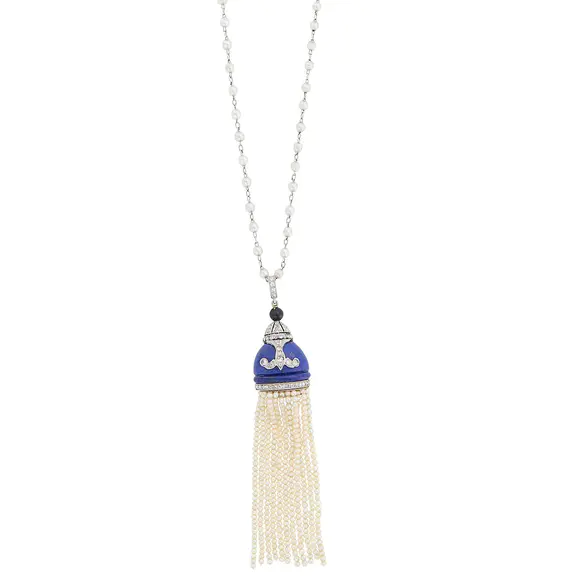 DOYLE Auctioneers & AppraisersPlatinum, Lapis, Diamond and Seed Pearl Tassel Pendant, France, with Long Platinum and Seed Pearl