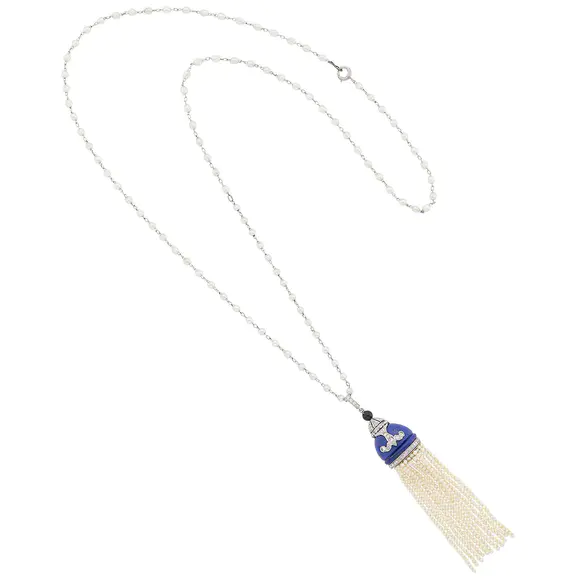 DOYLE Auctioneers & AppraisersPlatinum, Lapis, Diamond and Seed Pearl Tassel Pendant, France, with Long Platinum and Seed Pearl