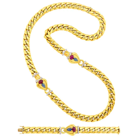 DOYLE Auctioneers & AppraisersLong Two-Color Gold, Cabochon Ruby, Sapphire and Diamond Curb Link Necklace/Bracelet Combination