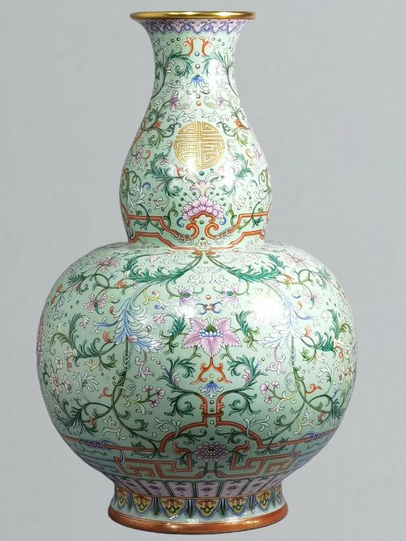 東京蕓術(shù)清乾隆 淺綠地洋彩扒花綿上添花萬壽連延葫蘆瓶