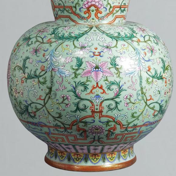 東京蕓術(shù)清乾隆 淺綠地洋彩扒花綿上添花萬(wàn)壽連延葫蘆瓶