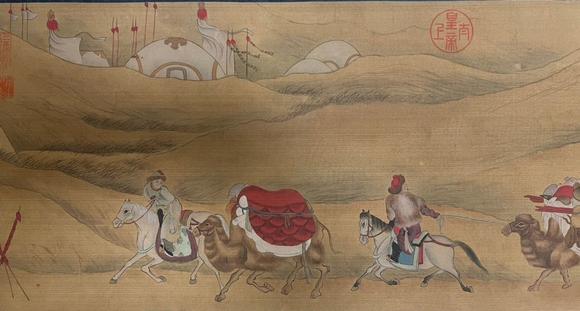 東京蕓術(shù)蘇東坡趙孟頫 出行圖書畫合璧長(zhǎng)卷 手卷絹本設(shè)色