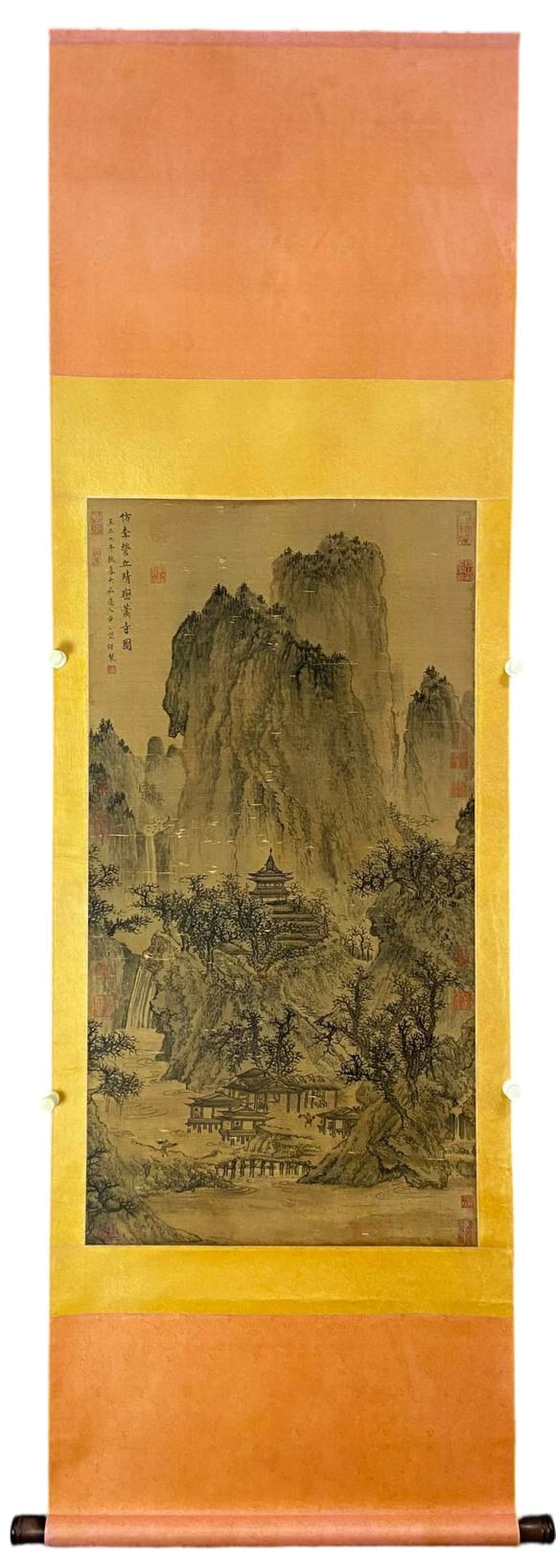 東京蕓術(shù)元 黃公望 晴巒蕭寺圖 絹本綾裱立軸