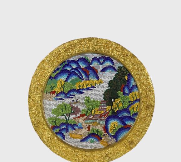 東京蕓術(shù)清 銅胎景泰藍(lán)掐絲琺瑯云蝠紋山水圓座屏