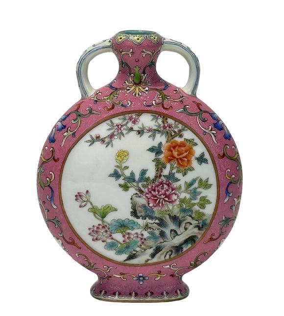 Castle AuctionA Chinese Rouge-red ground Famille Rose flat vase, Qian Long Pr. 