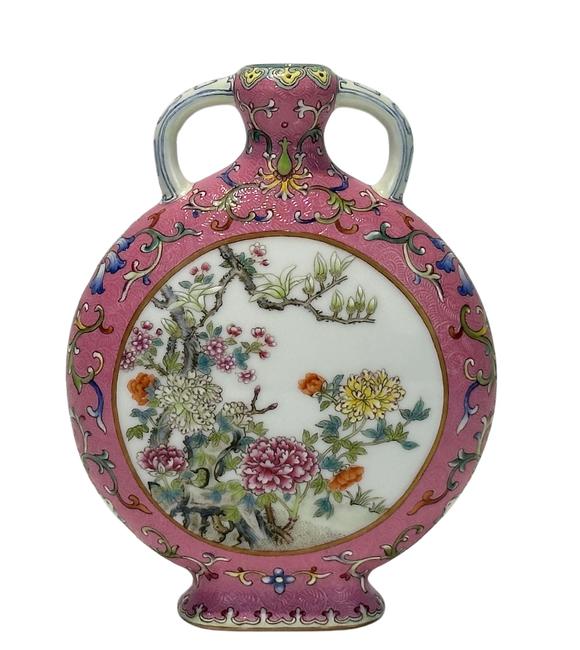 Castle AuctionA Chinese Rouge-red ground Famille Rose flat vase, Qian Long Pr. 