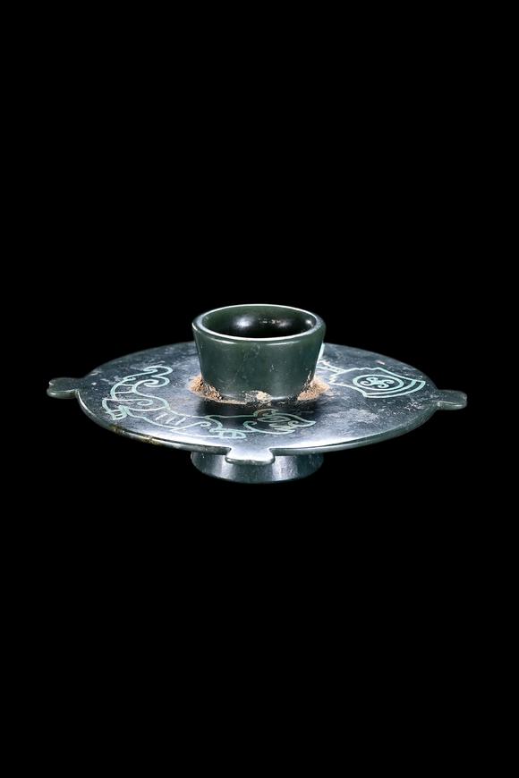 Castle AuctionA Dark Green Jade Stem Cup Stand with Turquoise Inlay, Warring States, Circa 475–221 C BC Pr.
