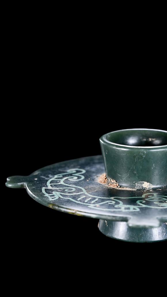 Castle AuctionA Dark Green Jade Stem Cup Stand with Turquoise Inlay, Warring States, Circa 475–221 C BC Pr.