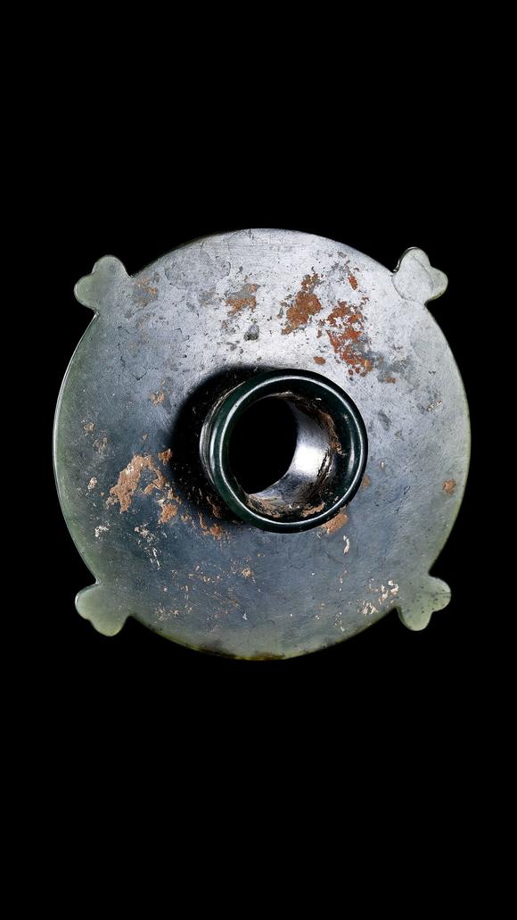 Castle AuctionA Dark Green Jade Stem Cup Stand with Turquoise Inlay, Warring States, Circa 475–221 C BC Pr.