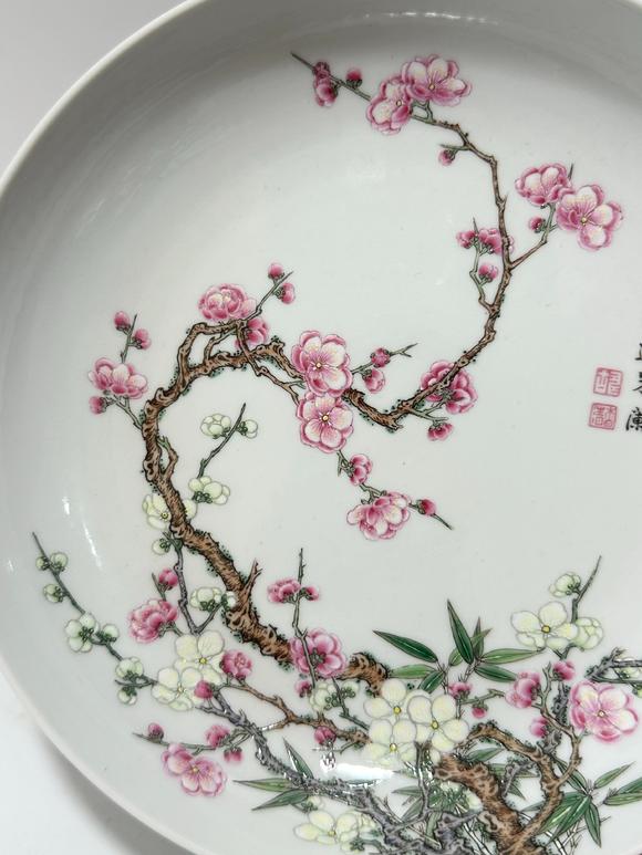 Castle AuctionA Chinese plate with famille rose plum blossom poetry and prose decoration, YongZheng Pr. 