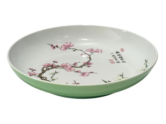 Castle AuctionA Chinese plate with famille rose plum blossom poetry and prose decoration, YongZheng Pr. 