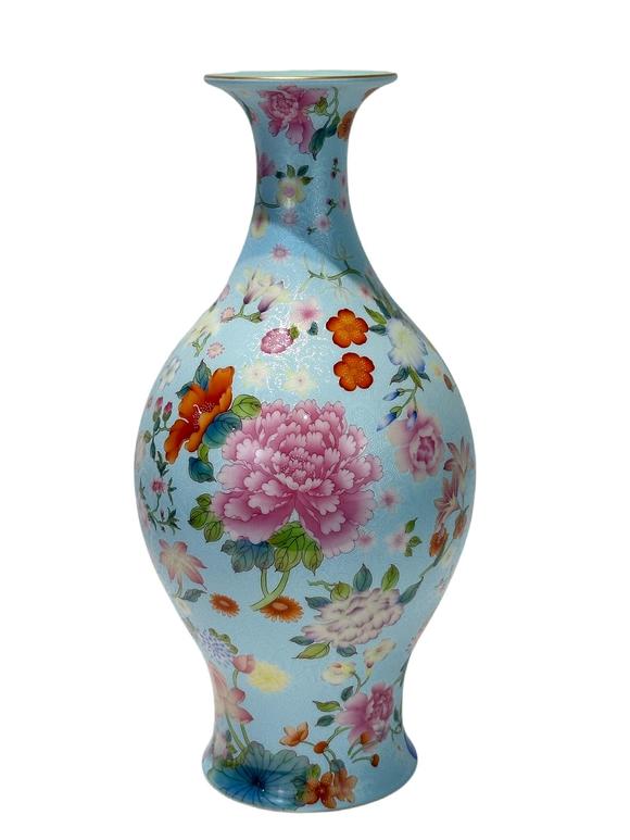 Castle AuctionA Chinese blue-ground Famille Rose vase, Qian Long Pr. 