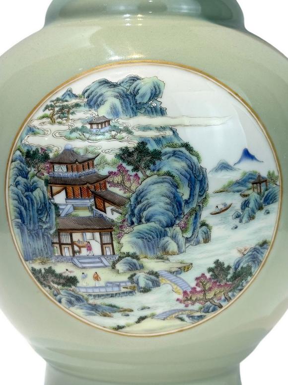 Castle AuctionA Chinese powder-blue glazed vase with landscape scene decoration, Qing Dynasty Pr. 