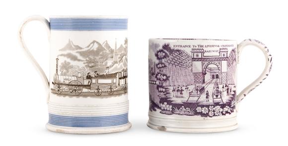 DreweattsA VICTORIAN TRANSFER PRINTED POTTERY MUG- THE 'ENTRANCE TO THE LIVERPOOL MANCHESTER RAILWAY'