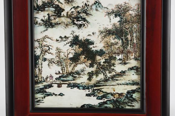 Cascade'sPastel green landscape porcelain painting in the Republic of China | 民國 粉彩青綠山水瓷板畫