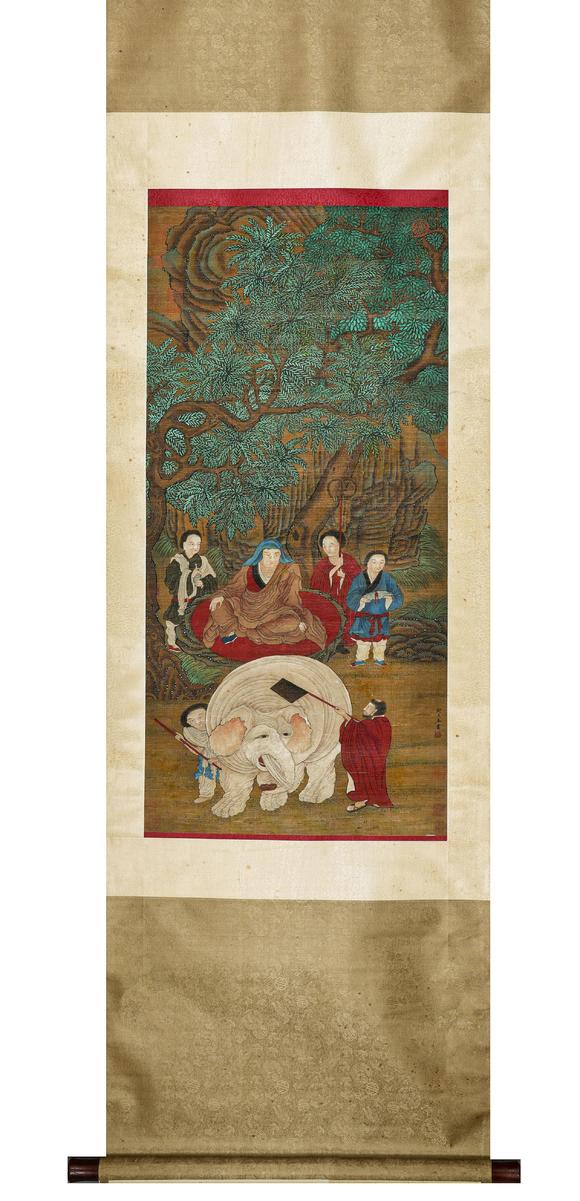Cascade'sVertical axis of Yan Liben silk printing image | 閻立本絹本洗象圖立軸