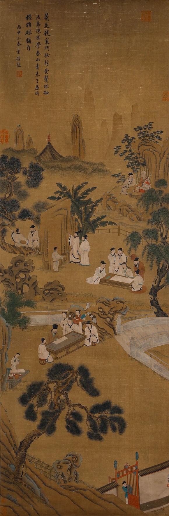 Cascade'sDong Hao silk courtyard elegant collection vertical axis | 董浩絹本庭院雅集圖立軸
