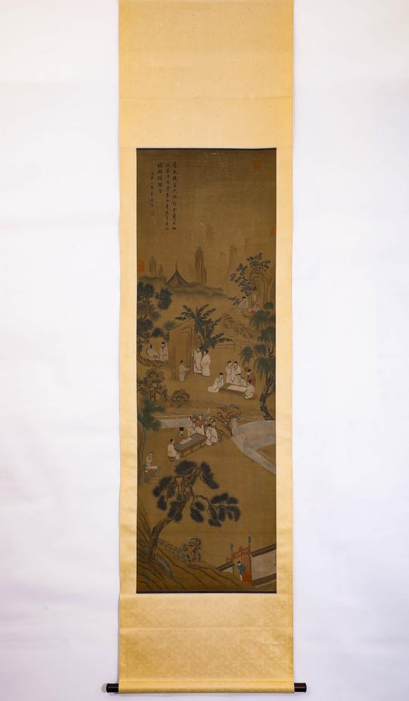 Cascade'sDong Hao silk courtyard elegant collection vertical axis | 董浩絹本庭院雅集圖立軸