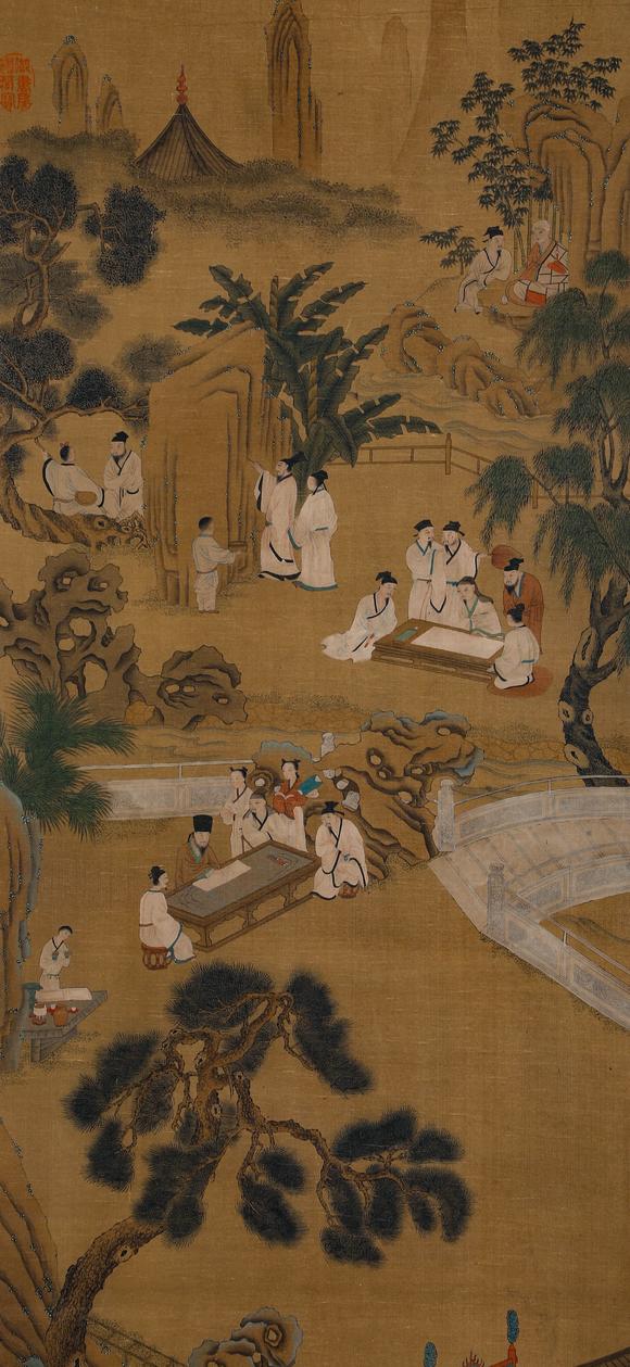 Cascade'sDong Hao silk courtyard elegant collection vertical axis | 董浩絹本庭院雅集圖立軸