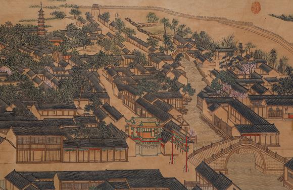 Cascade'sLong scroll of comb-like drawings of Qionglou in Lang Shining Ignatius Sichelbart. | 郎世寧艾啟蒙合繪絹本瓊樓櫛列圖長卷