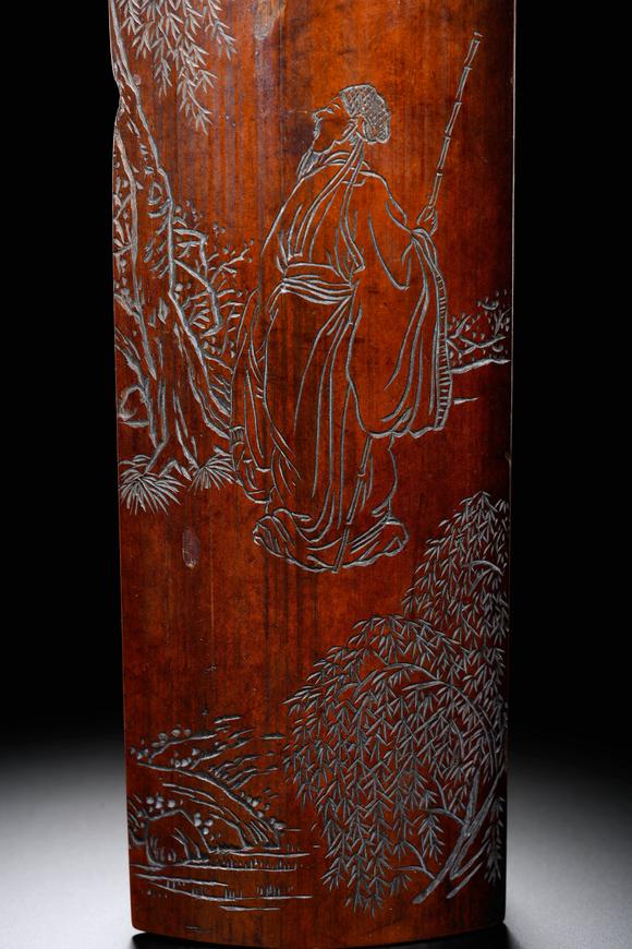 Cascade'sQing bamboo carving Liu Yin ladies figure arm rest | 清 竹刻柳蔭仕女圖臂擱