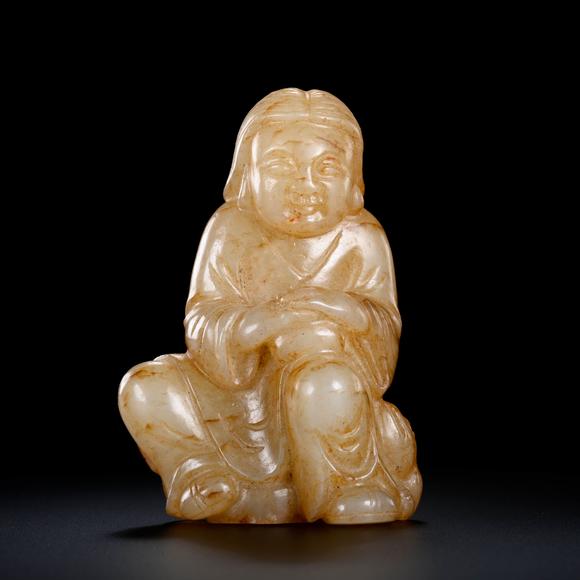 Cascade'sSitting Statue of White Jade and Qin Color Figures in Ming Dynasty | 明 白玉沁色人物坐像