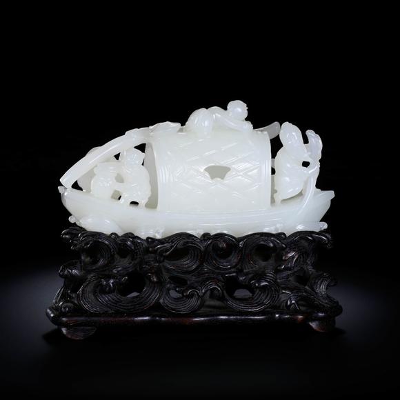Cascade'sQing Dynasty Hetian Baiyu Fisherman Leyuchuan | 清代 和田白玉漁家樂玉船