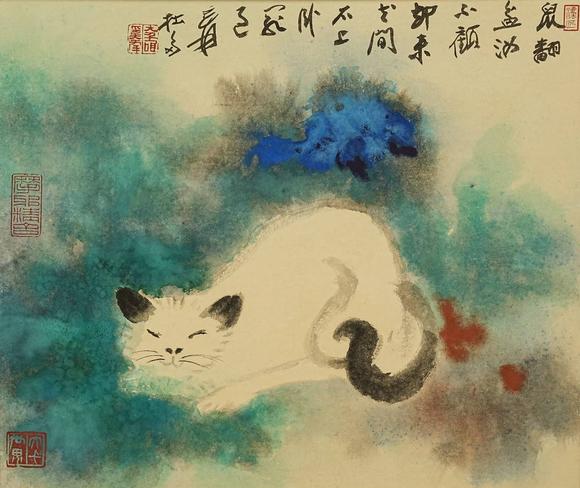 京都祇園會拍賣張大千 潑彩貓 紙本框裝