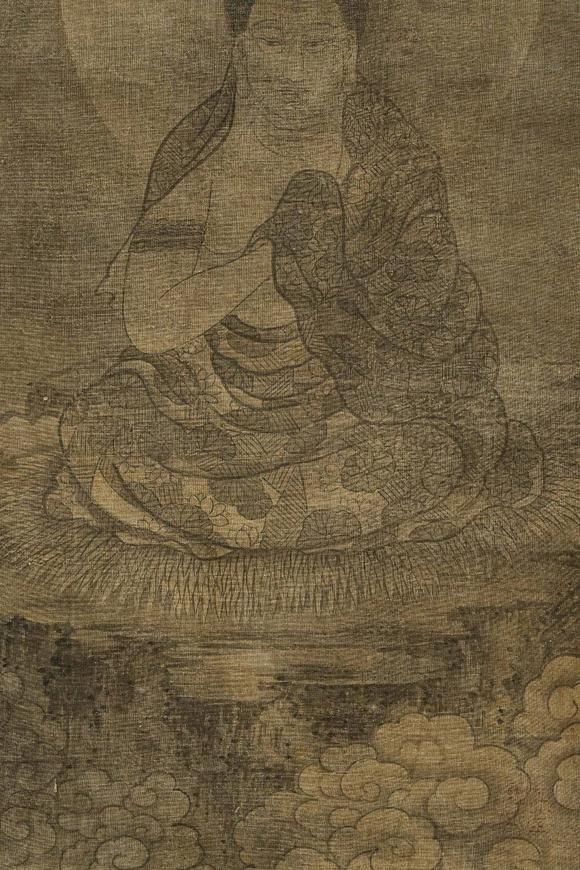京都祇園會拍賣元代 華嚴三圣圖三幅 絹本掛軸 日本古裂裝裱 日本桐箱附